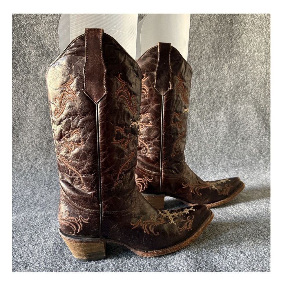 Circle G Women’s Brown Leather Western Boots Embroidered Square Toe Size 9
